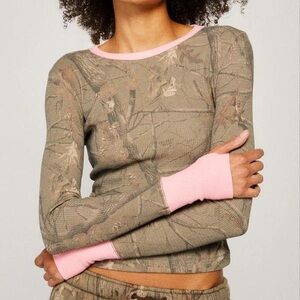 Camo Long-Sleeve Top with Pink Trim